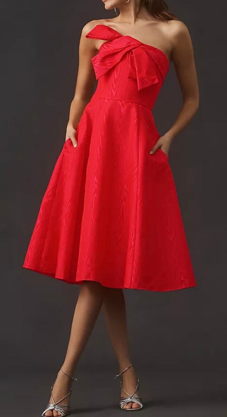 Shoshanna Midi Dress Odyssey Moiré Bow Strapless Fit & Flare Pink New